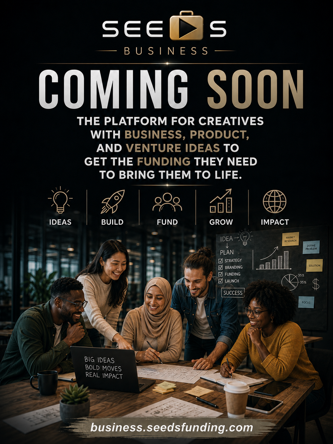 SEEDS Business coming soon — the platform for creatives with business, product, and venture ideas to get the funding they need to bring them to life.